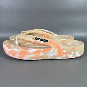 Crocs Thong Sandals Women Size 9 Marble Tan/Orange Platform Flip Flop Slide Shoe